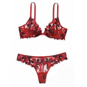 Victoria's Secret Floral Plaid Embroidered‎ Demi Bra Thong Set Sz 36DD / L - Red